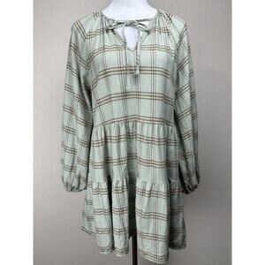 She + Sky Tiered Dress Top Plaid Flannel Long Sleeve Sz M Loose Fit Cottage Core